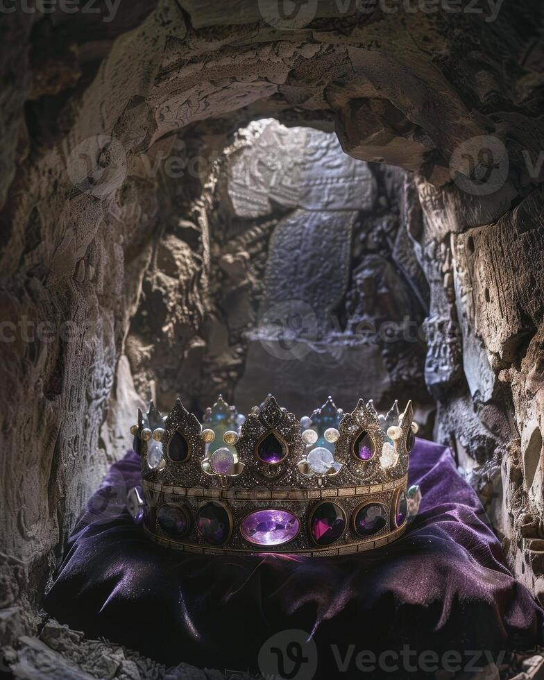 Mystical crown resting on velvet inside a mysterious cave photo