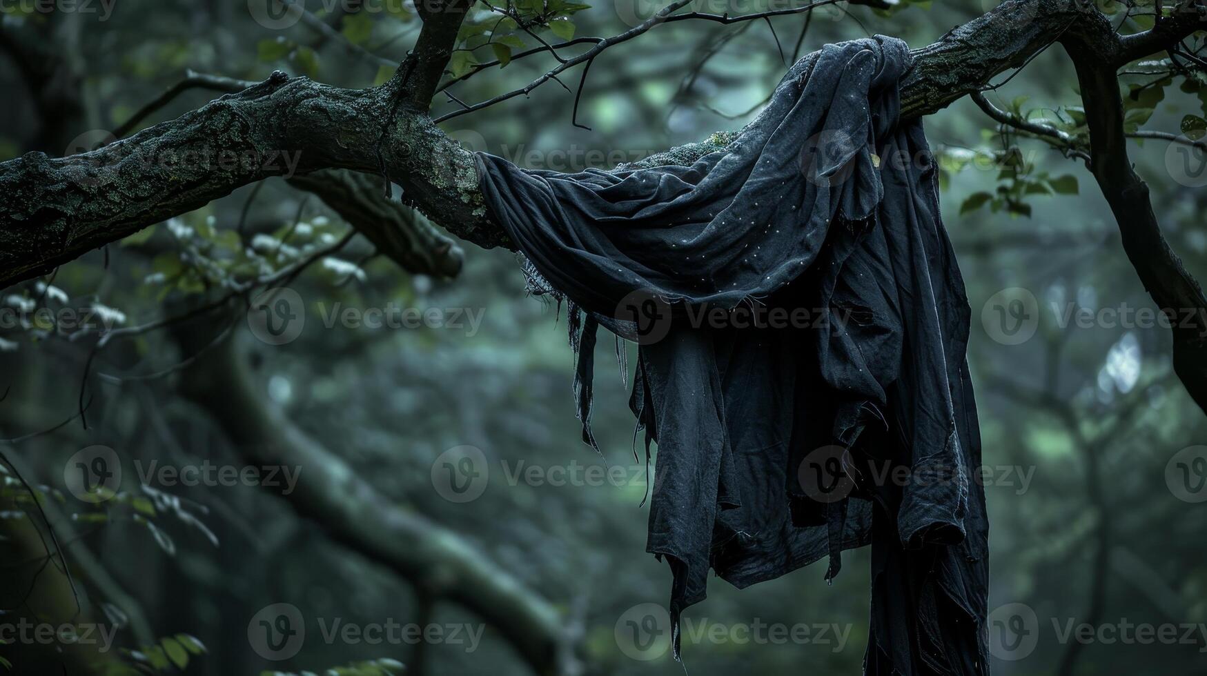 Mysterious fabric draped over a tree branch in a foggy forest photo