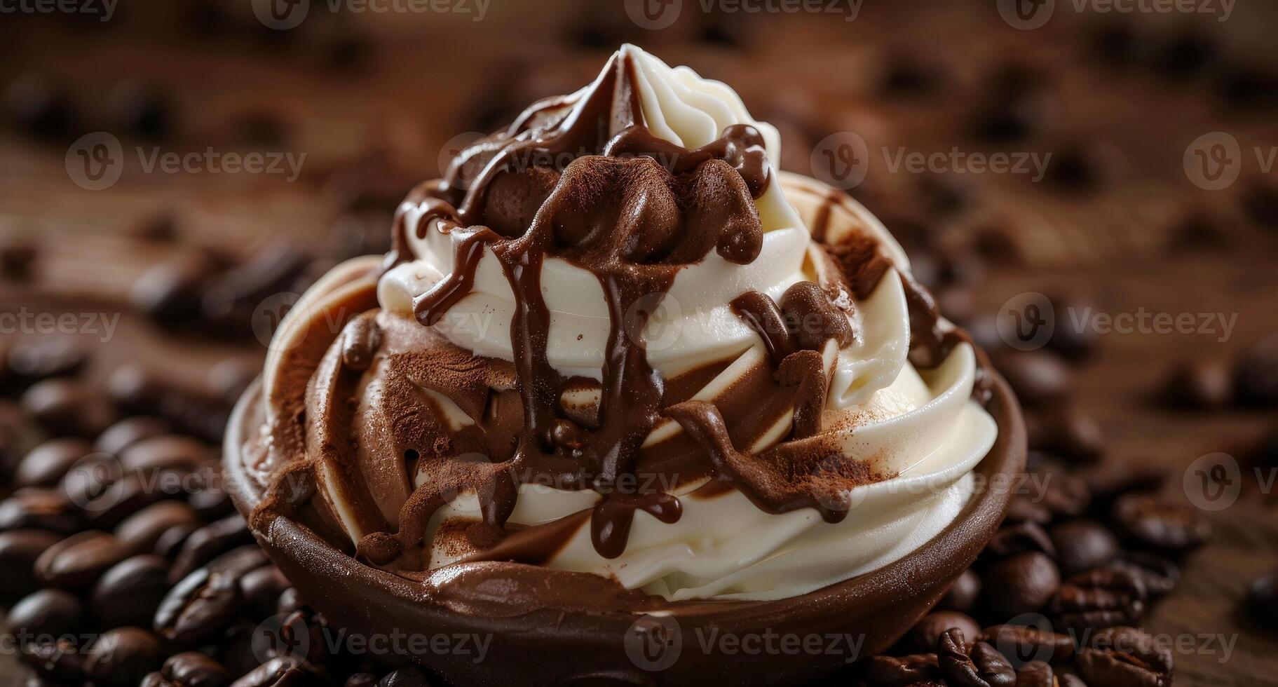 Decadent Chocolate and Vanilla Ice Cream Sundae Drizzled with Chocolate Sauce photo
