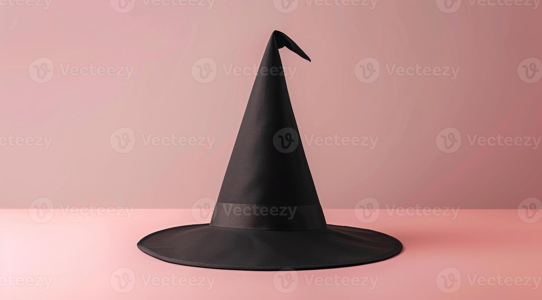 Classic black witch hat on a pink background photo