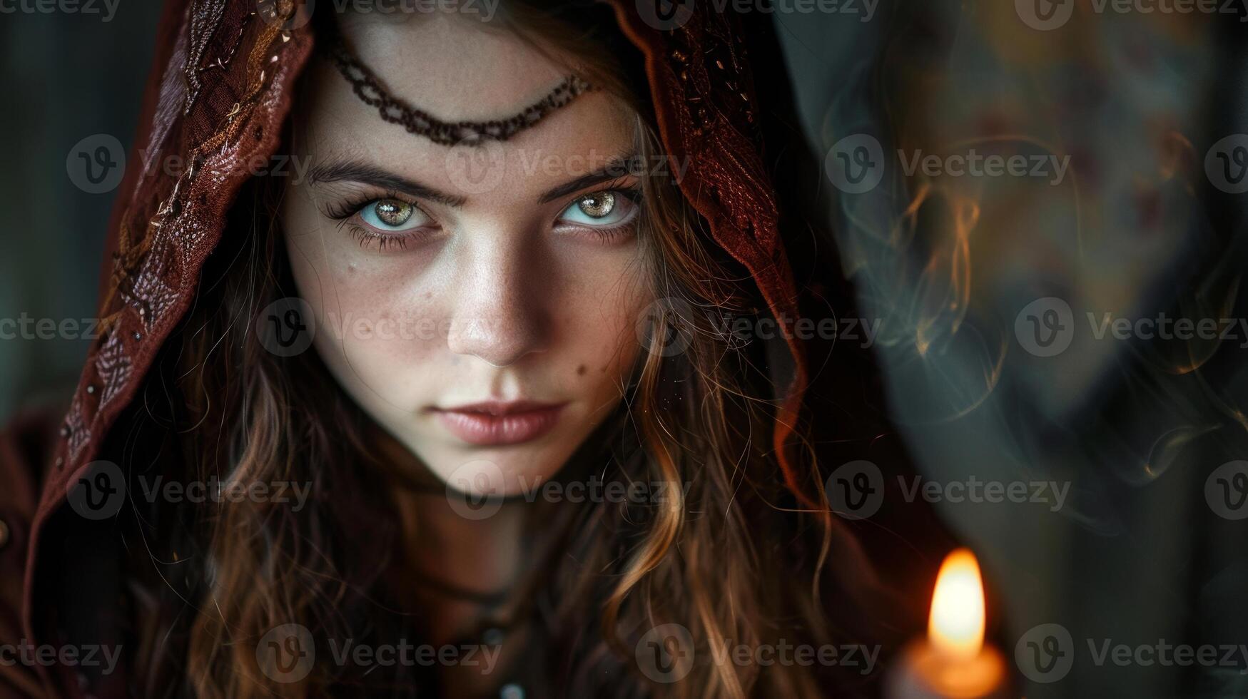 Mysterious woman with intense gaze in a mystical setting photo