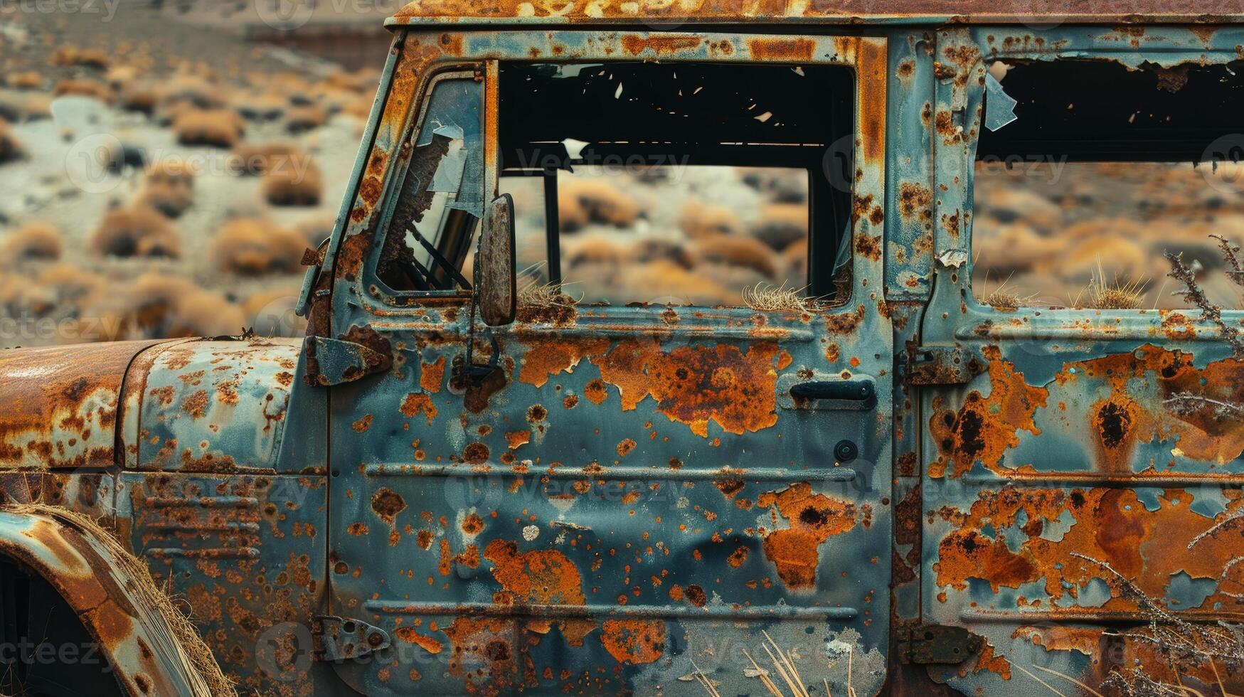 Rusty Old Truck Abandoned in a Desert Landscape photo