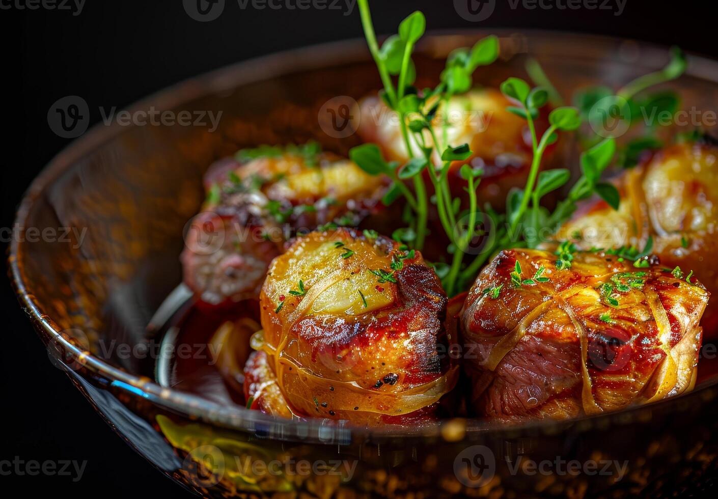 Gourmet bacon wrapped dates served in an elegant dish photo