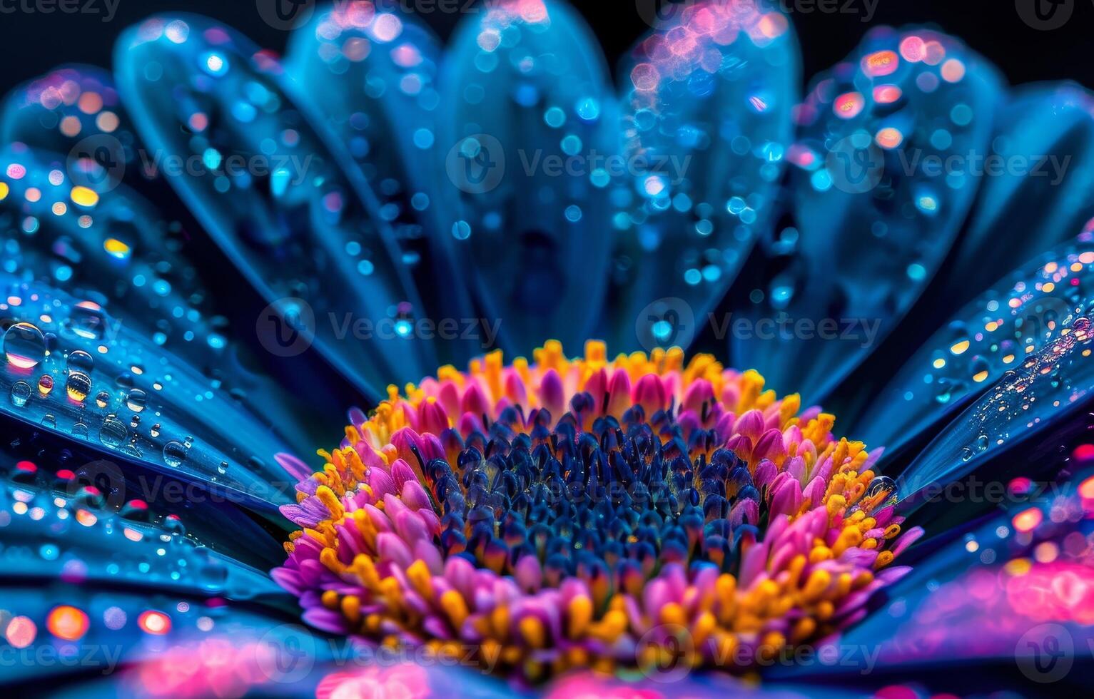 Vibrant Blue Daisy with Water Droplets Under Neon Light photo