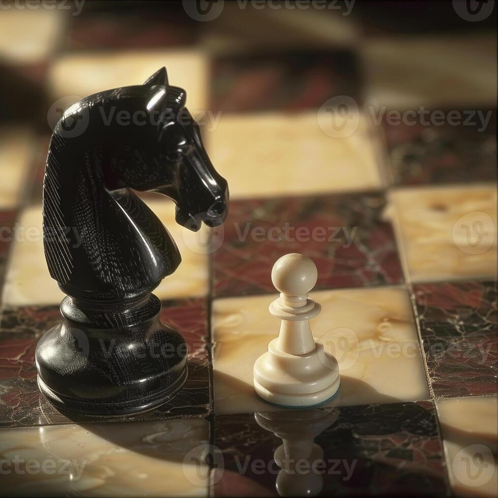 Chess knight facing a pawn on a luxurious chessboard photo