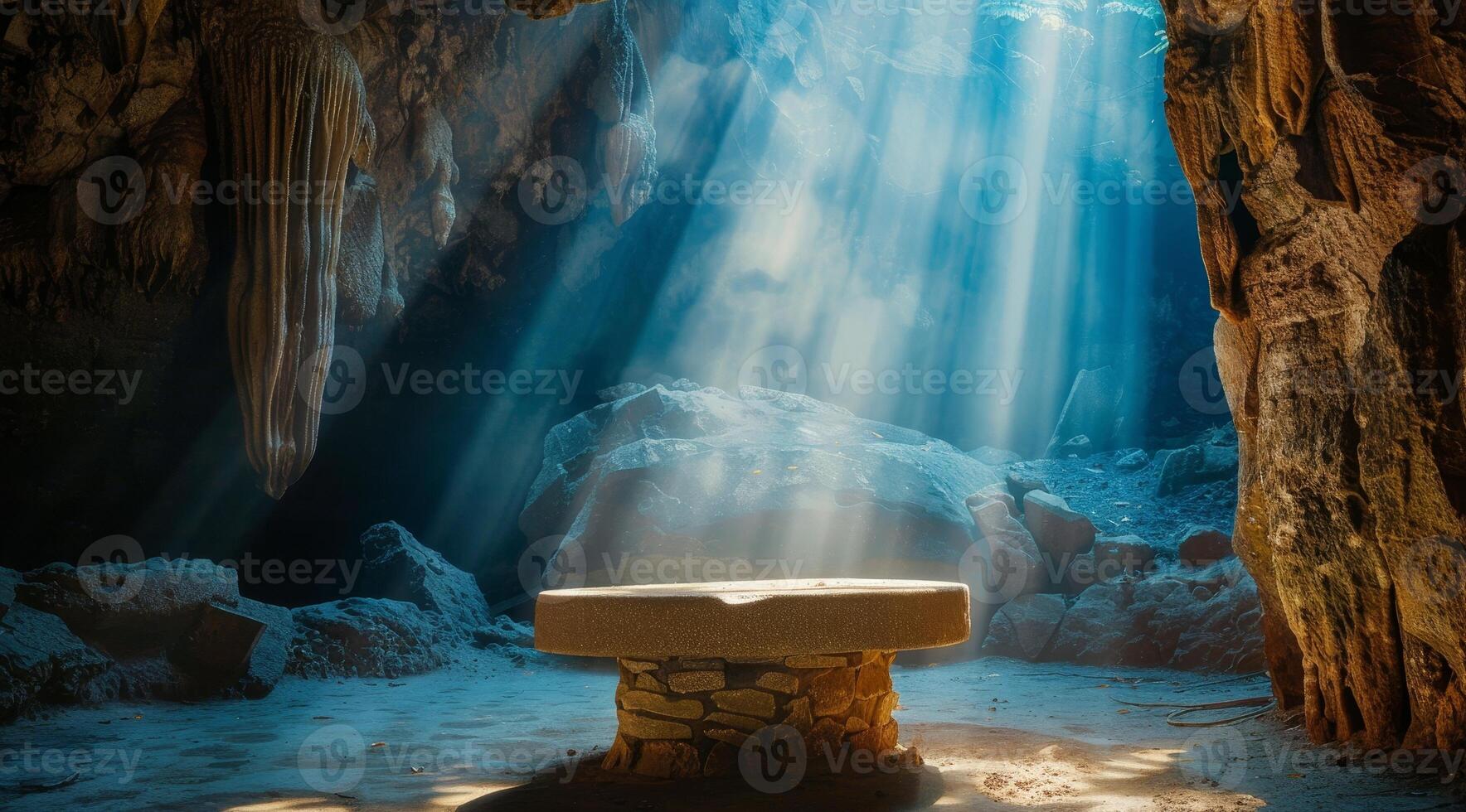 Mystical Sunlight Illuminating a Stone Table in a Cave photo