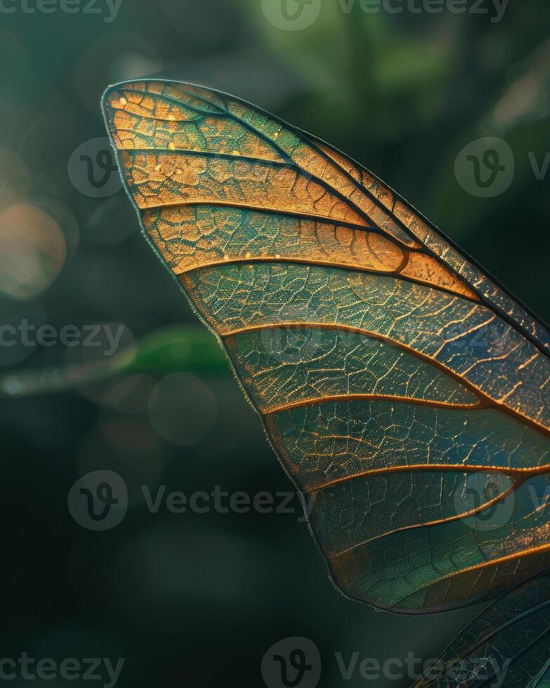 Close up of a Dragonfly Wing Against a Blurred Green Background photo