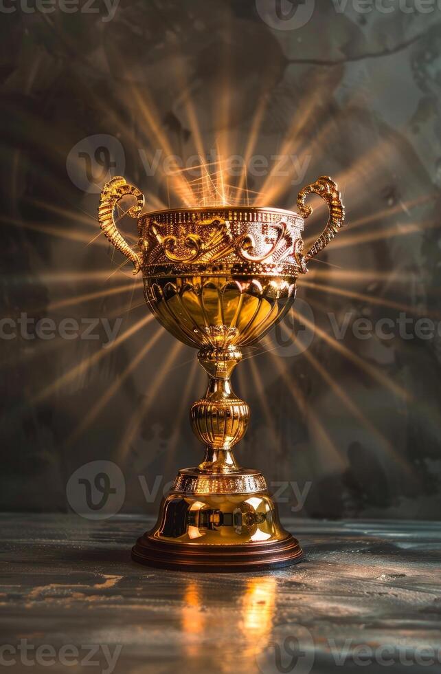 Golden trophy cup illuminated with radiant beams of light photo