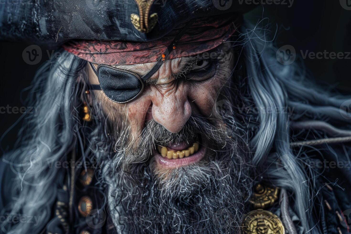 Intense Pirate Captain with Eye Patch in Dramatic Lighting photo