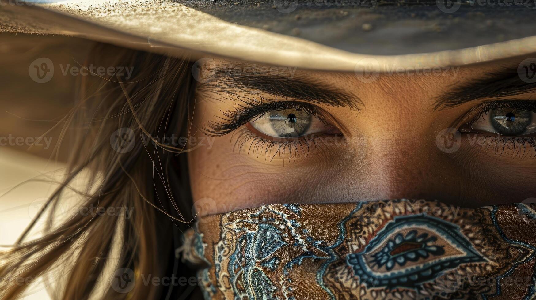 Mysterious woman with intense gaze wearing a cowboy hat and bandana photo
