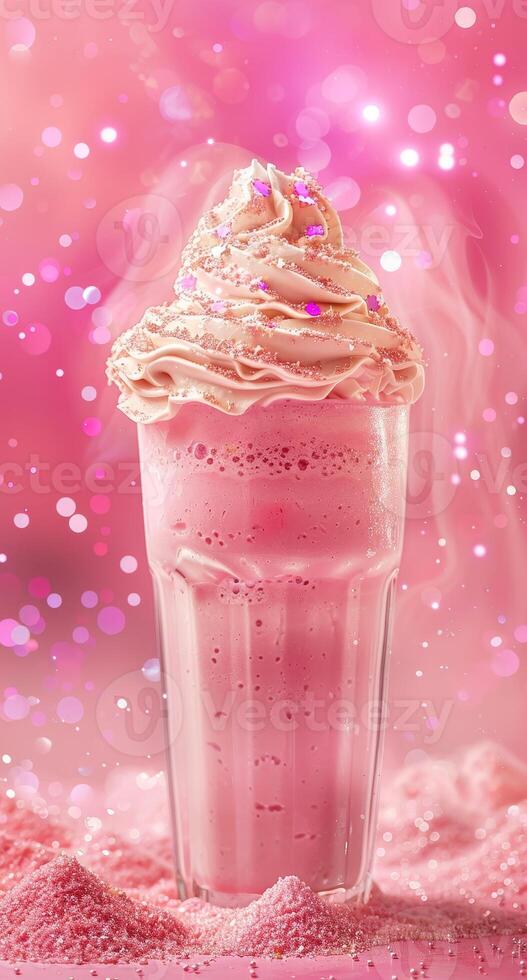 Delicious pink milkshake topped with whipped cream and sprinkles photo