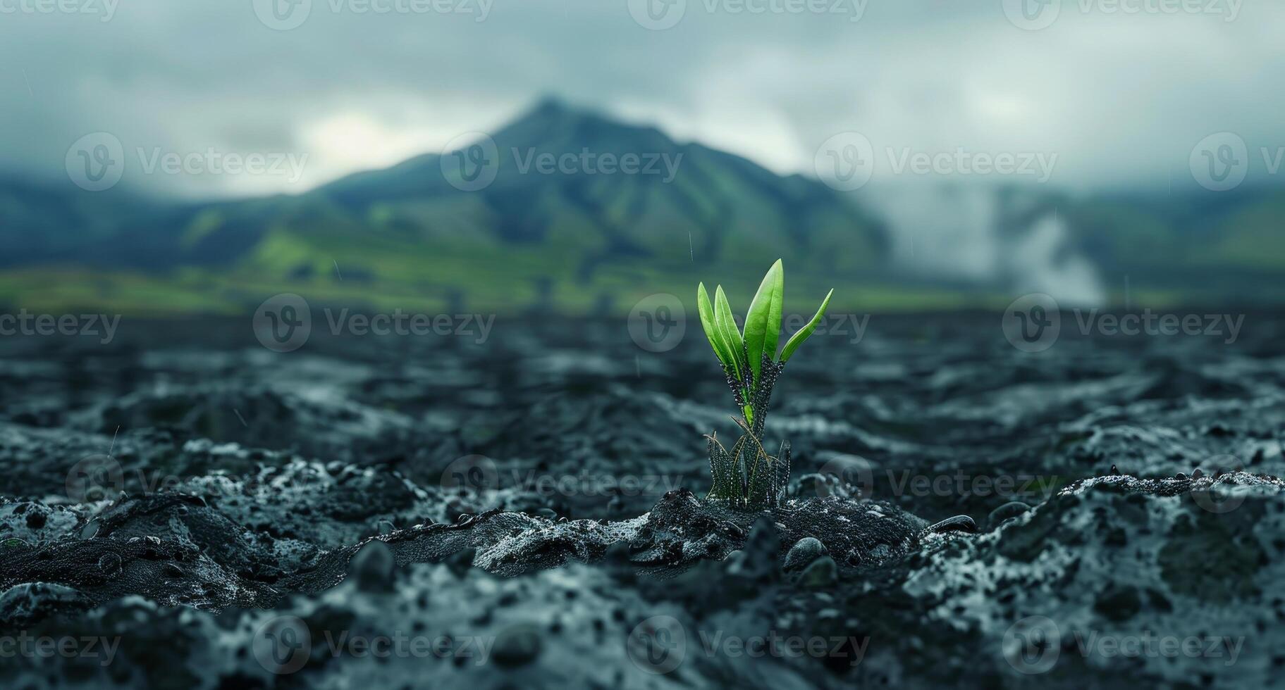 New life emerging from volcanic soil with a mountainous backdrop photo