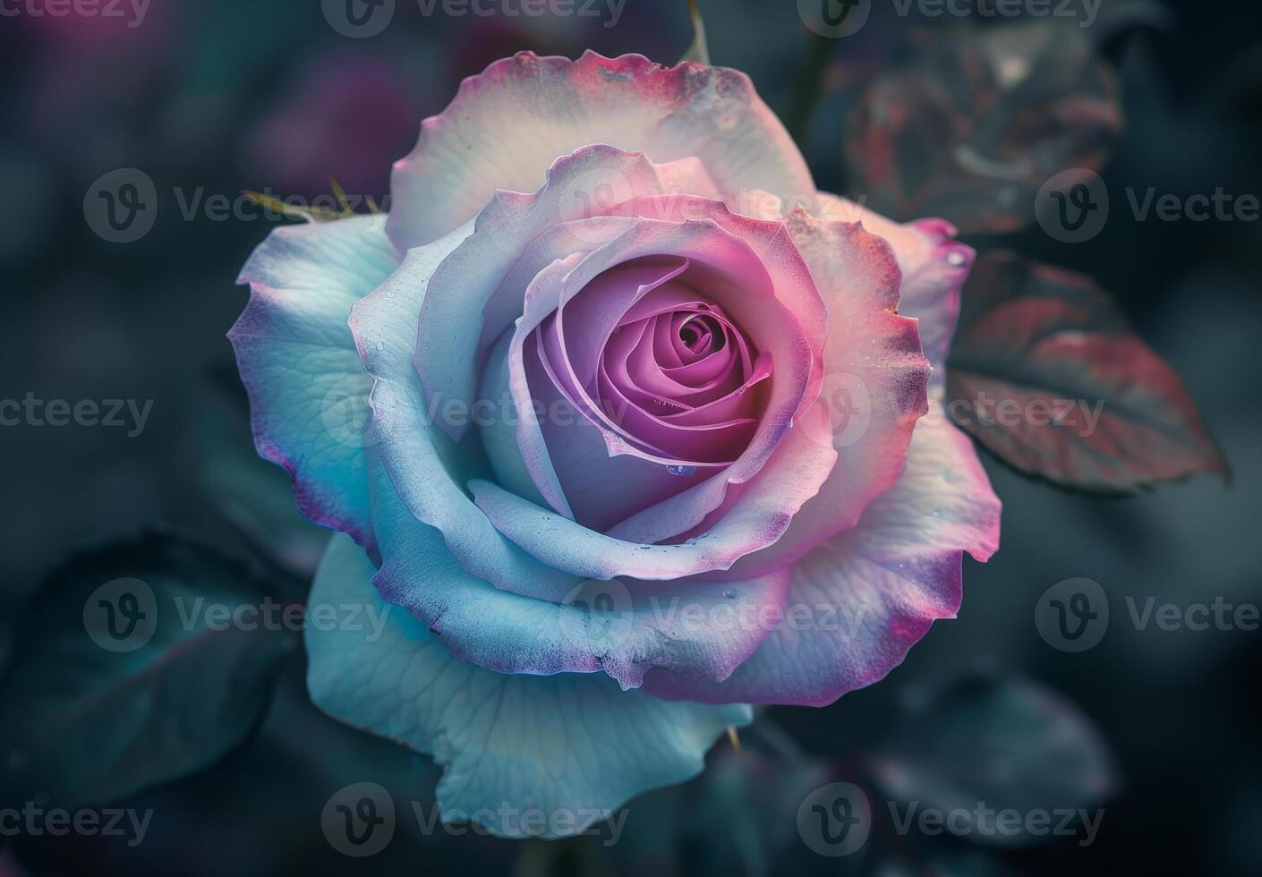 Stunning close up of a multicolored rose with dew drops photo