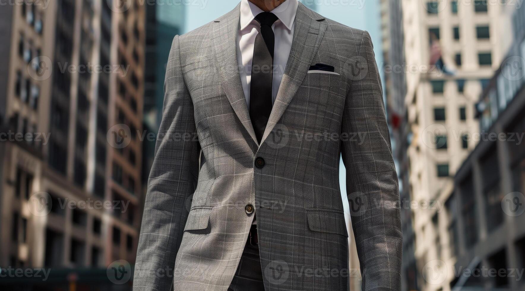 Professional businessman in a tailored suit standing in a cityscape photo