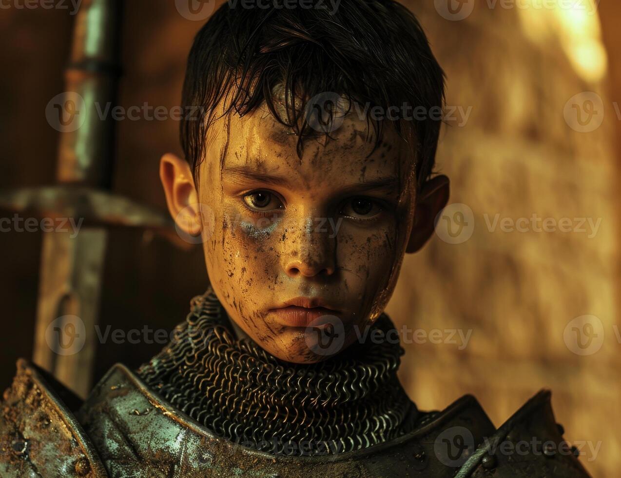 Young medieval knight with a determined expression photo