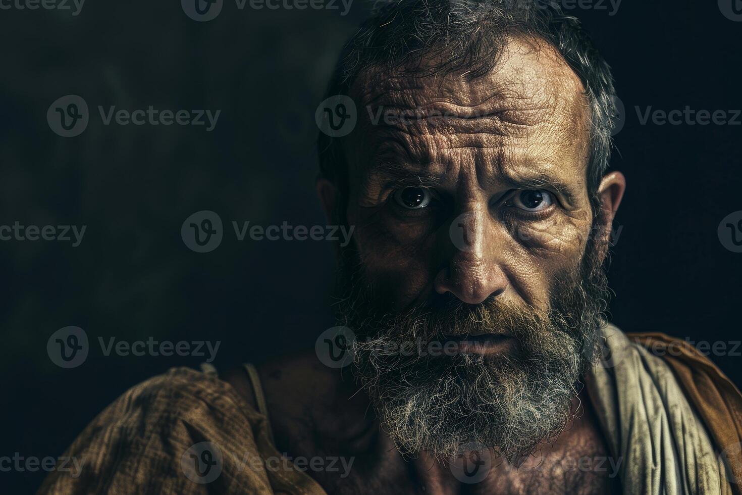 Intense portrait of a bearded man with a thoughtful expression photo