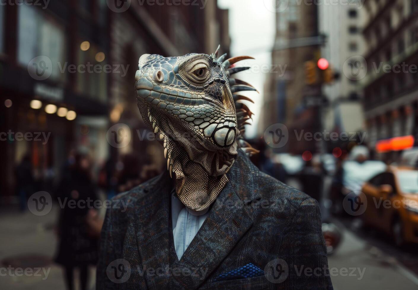 Surreal portrait of a lizard headed man in a city street photo