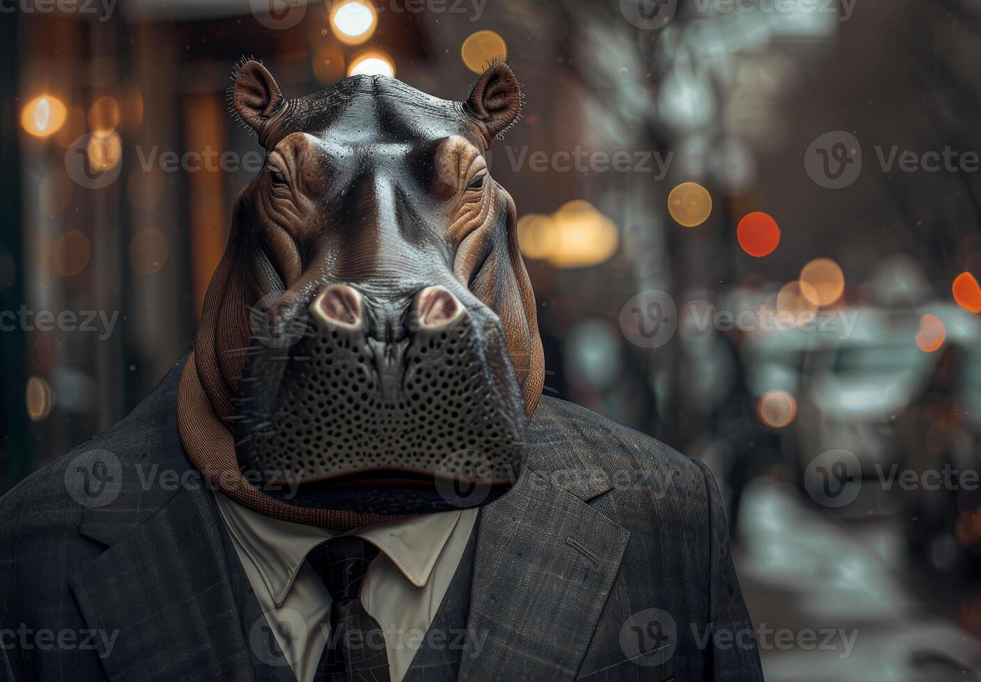 Surreal portrait of a businessman with a hippopotamus head in an urban setting photo