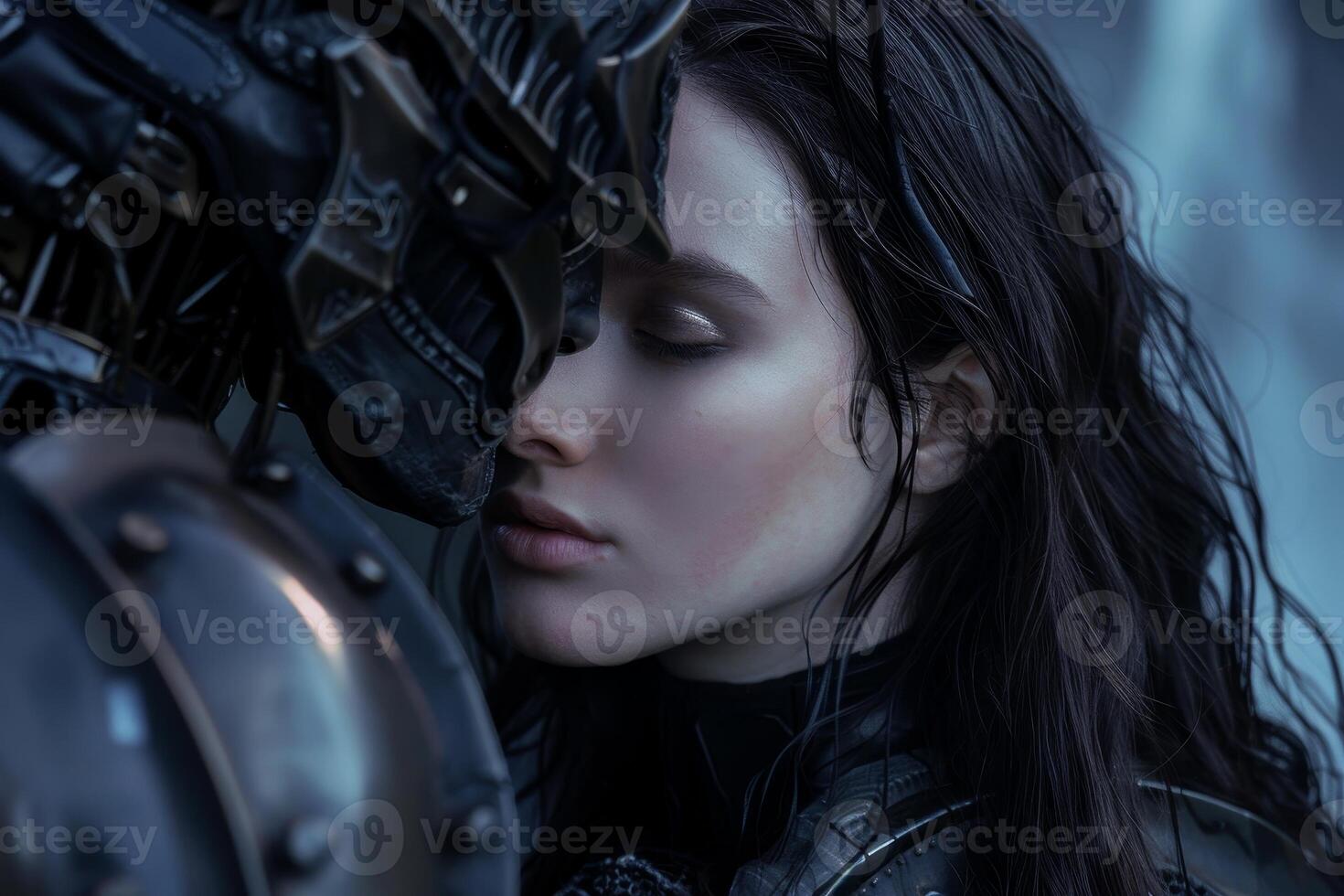 Woman in intimate moment with futuristic robot photo