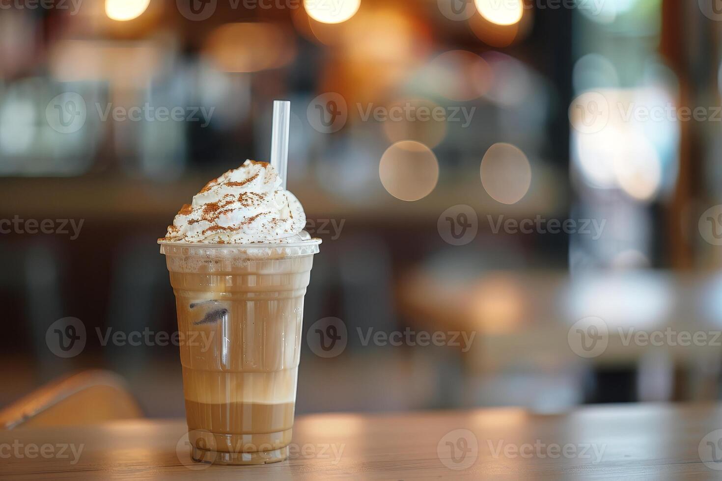 Iced coffee with whipped cream in a cafe setting photo
