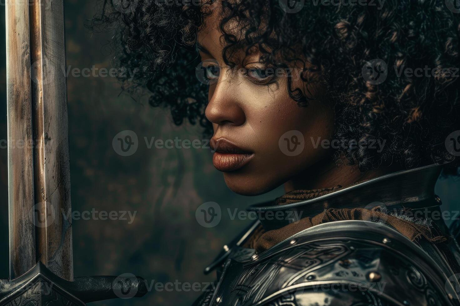 Portrait of a determined female warrior in armor photo