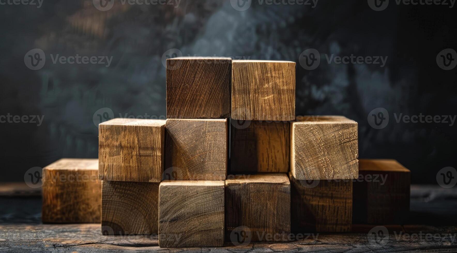 Stack of wooden cubes on a rustic background photo