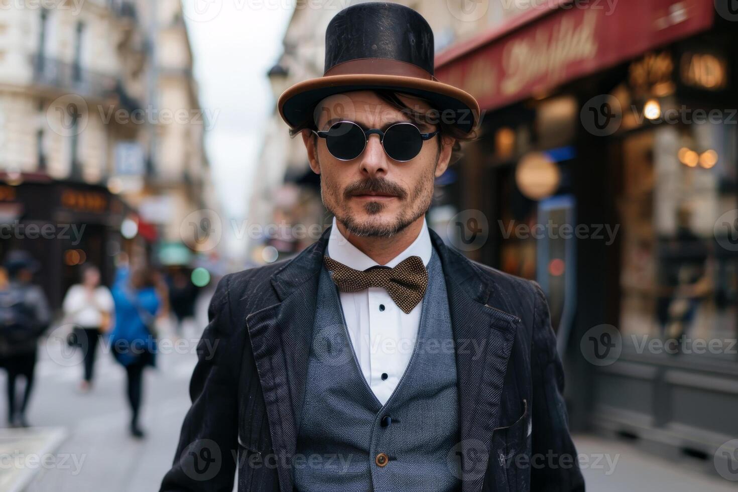 Elegant man in vintage attire and top hat on a city street photo