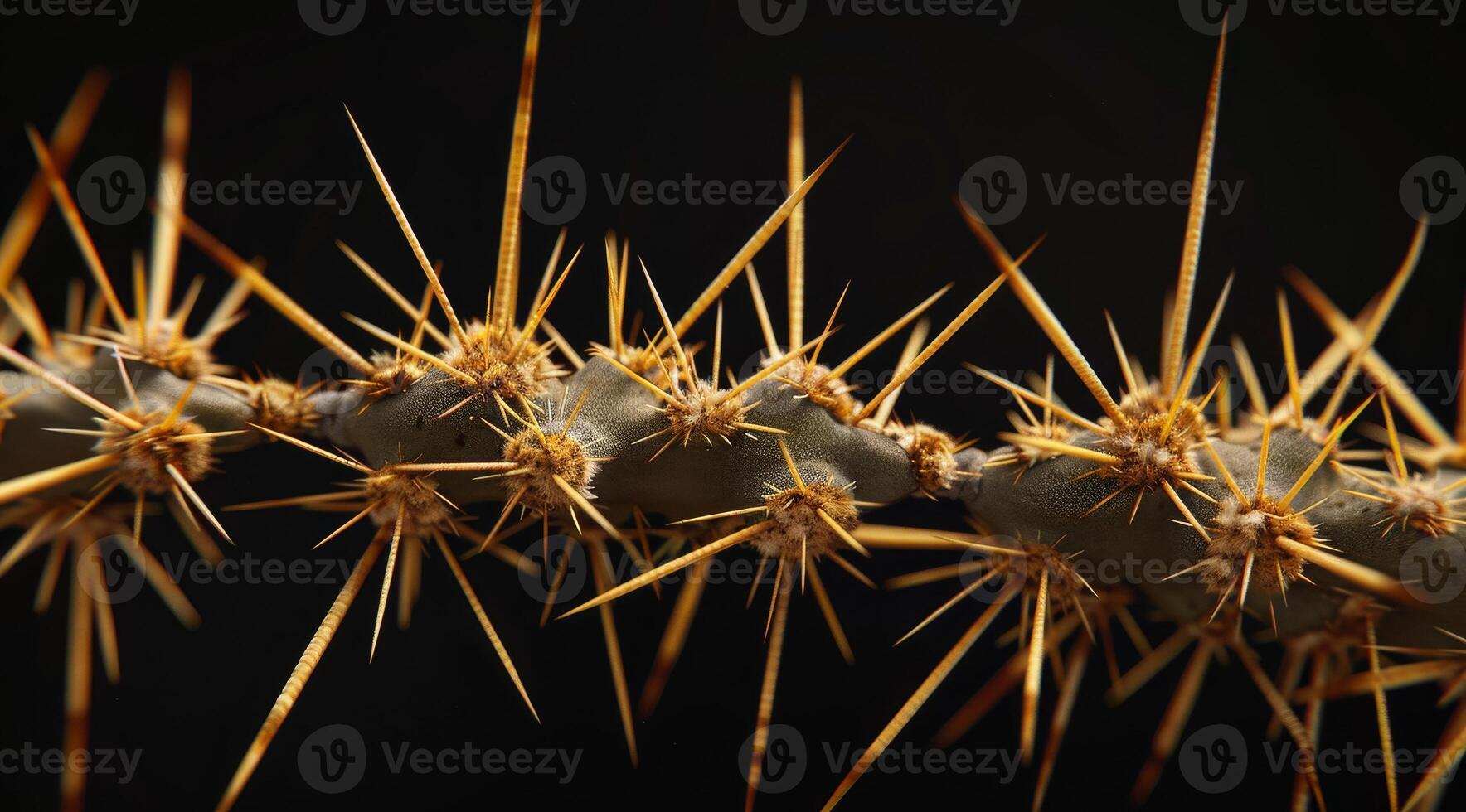 Close up of thorns on a cactus against a dark background photo