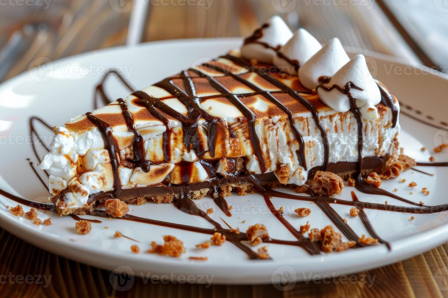 Delicious slice of chocolate drizzled pie on a white plate photo