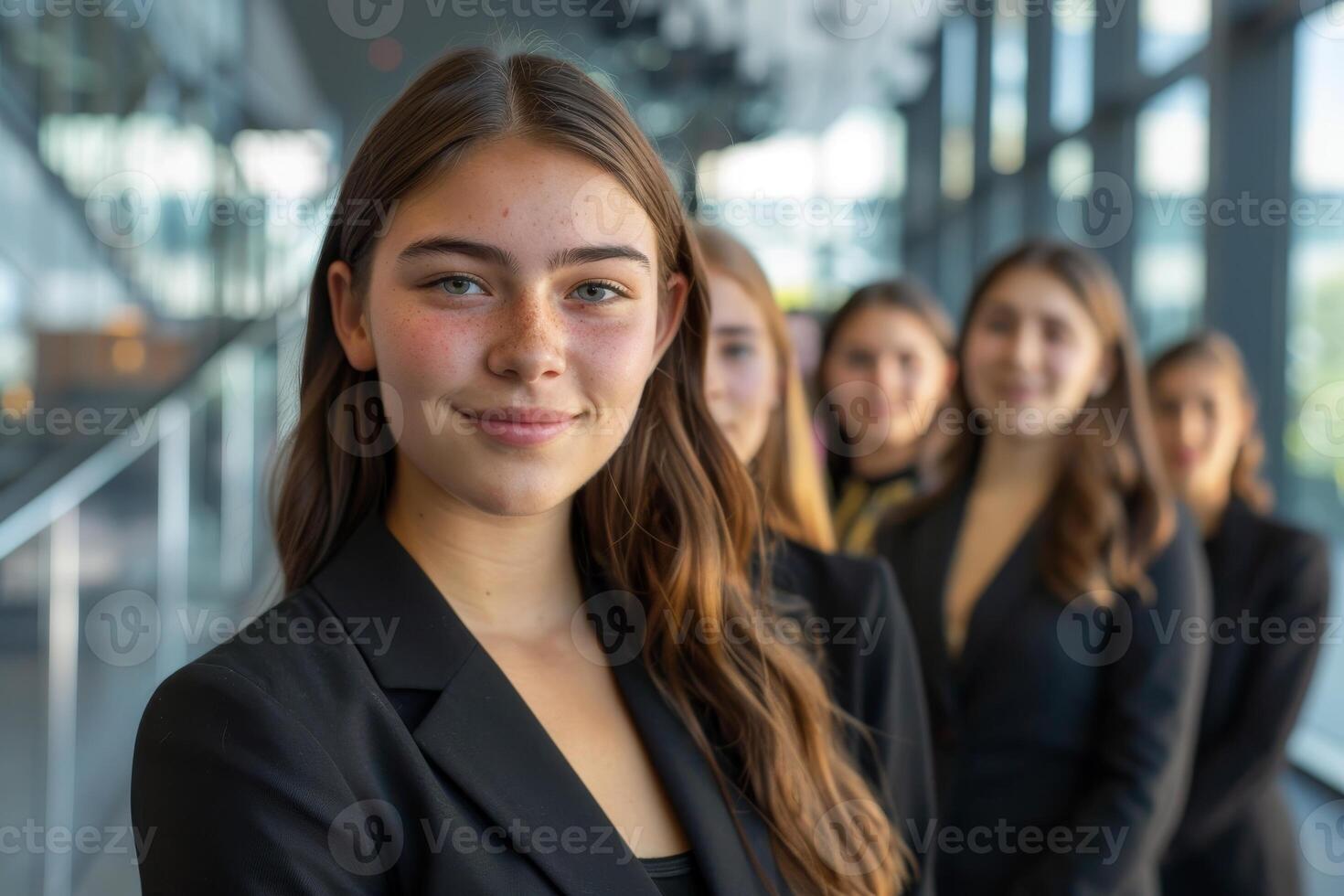 Confident young businesswoman with team in background photo