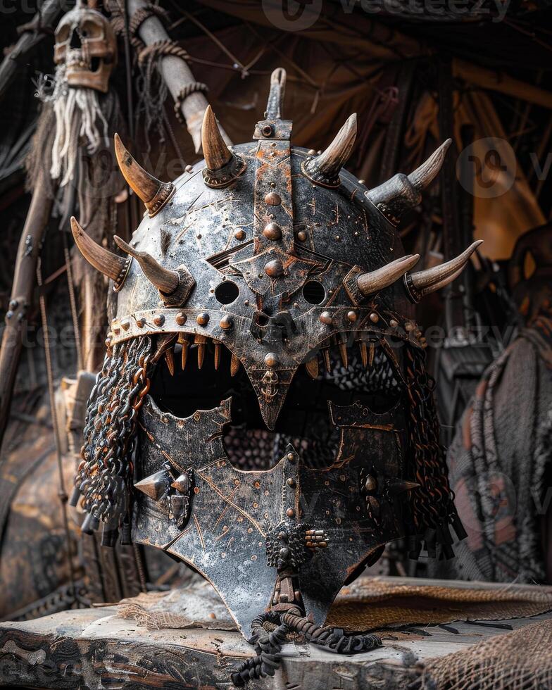 Intricate medieval warrior helmet displayed in a rustic setting photo