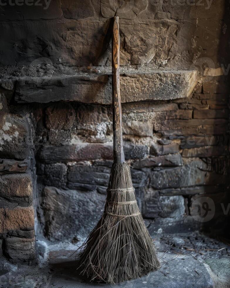 Old broom leaning against a rustic brick wall photo