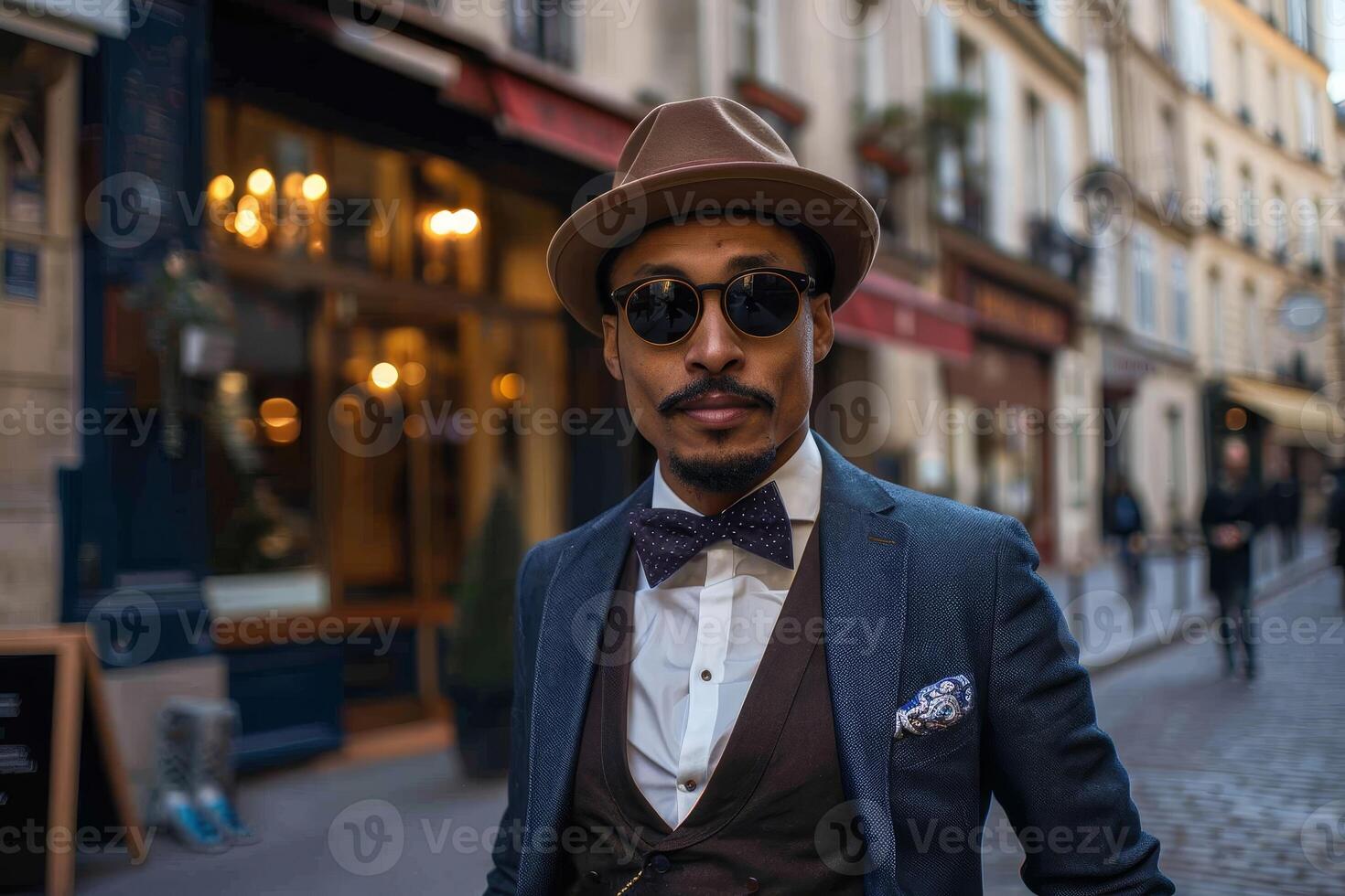 Stylish man in a hat posing on a city street photo