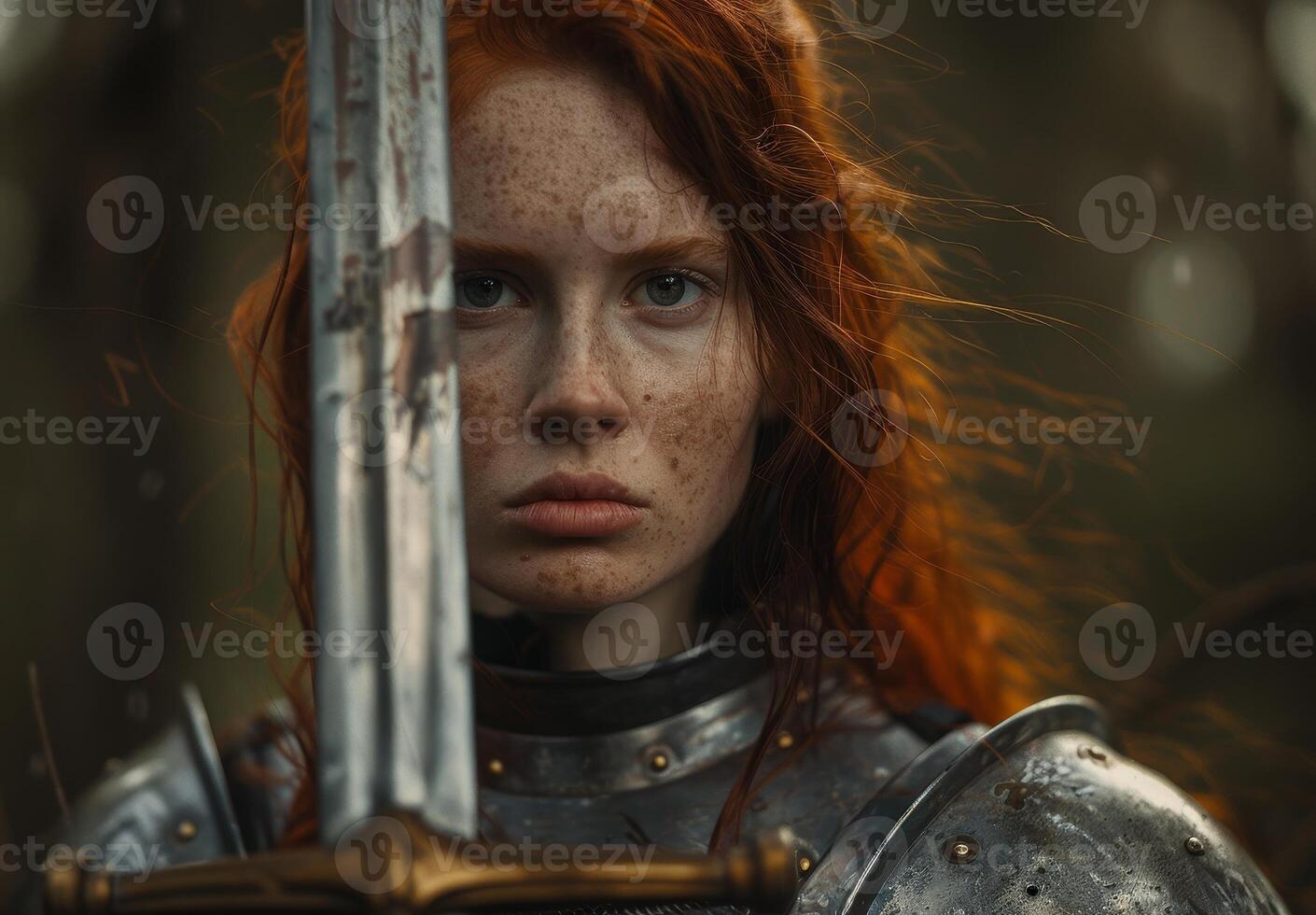 Red haired warrior woman holding a sword in a mystical forest photo