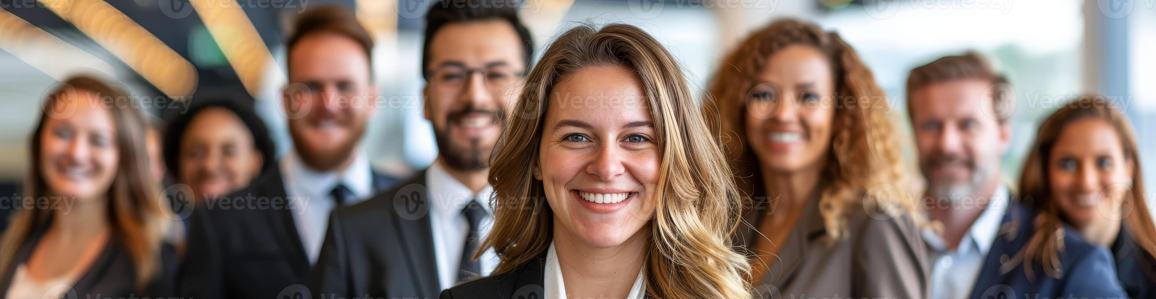 Diverse group of smiling professionals standing in a row photo
