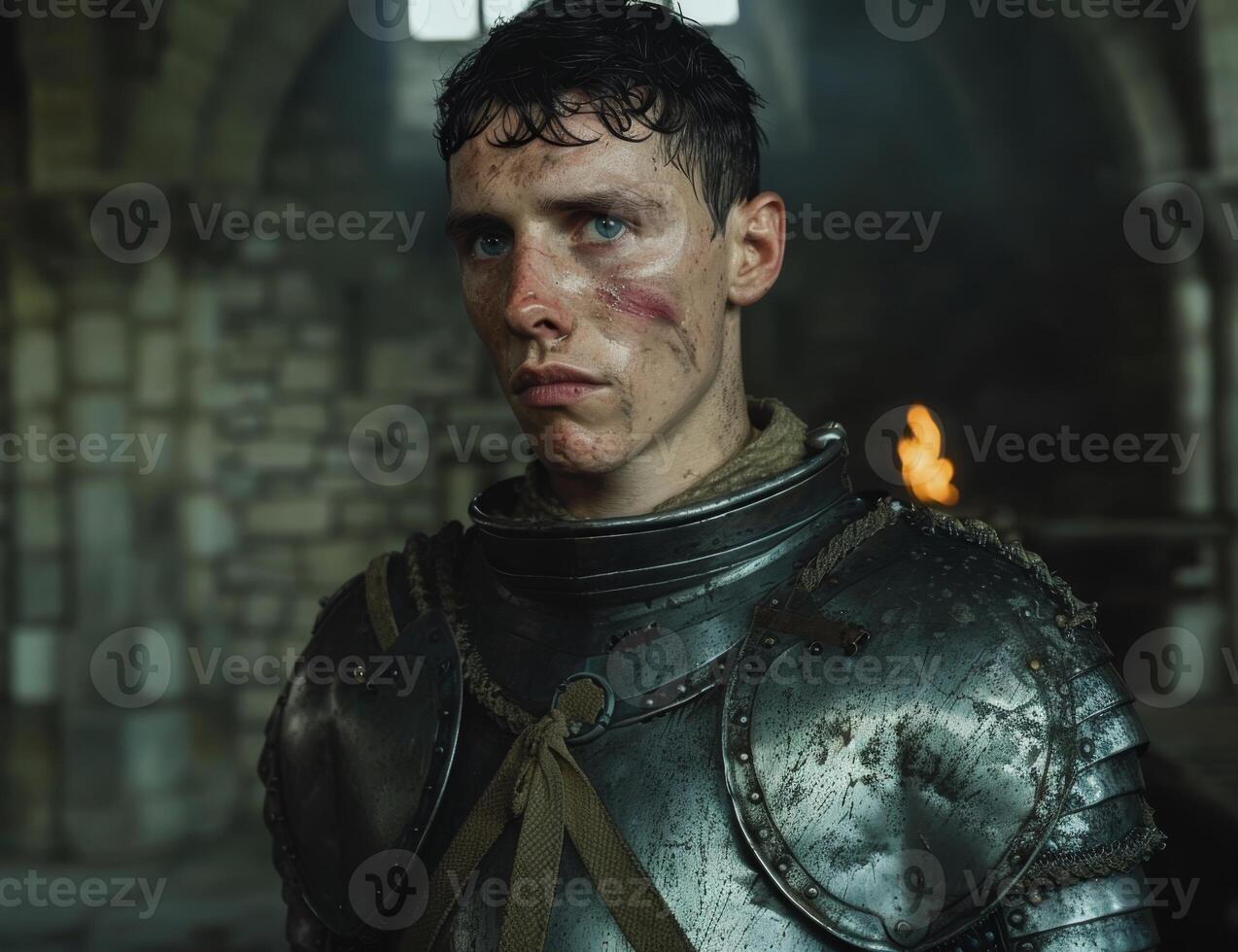 Wounded medieval knight in armor standing in a castle photo