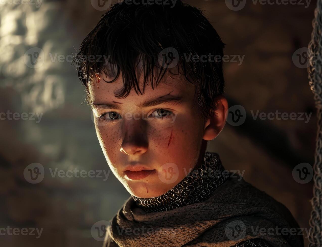 Young medieval warrior with a determined expression photo