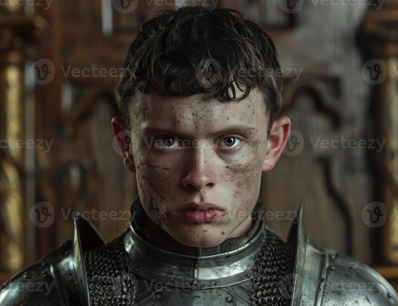 Young medieval knight with a determined expression photo