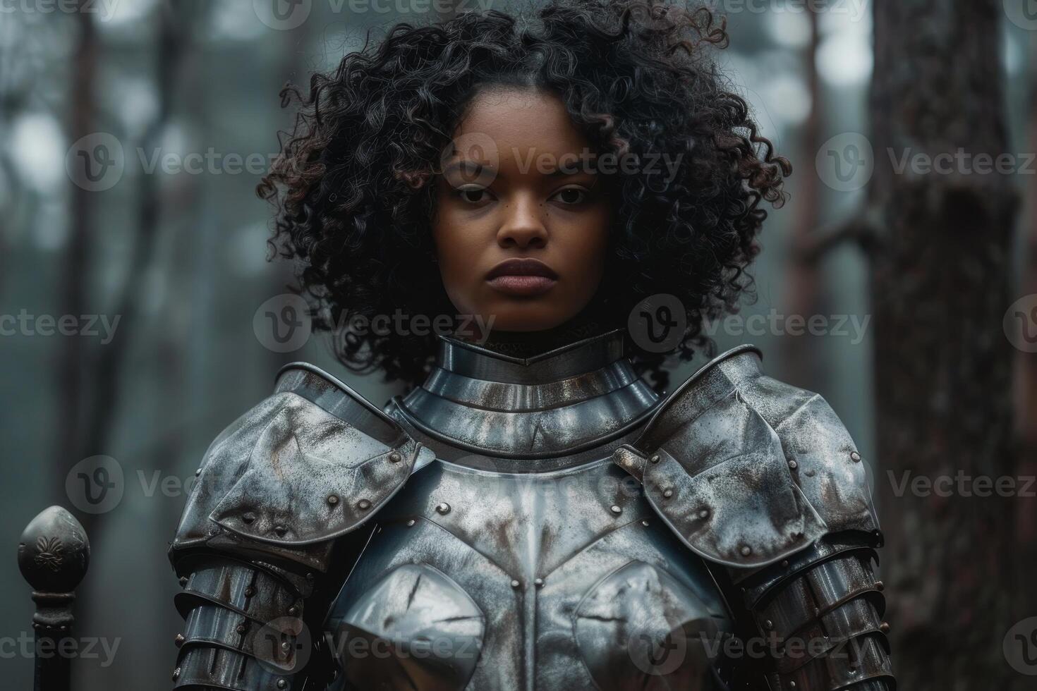 Confident female warrior in medieval armor standing in a misty forest photo