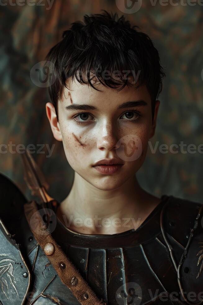 Young medieval warrior with determined expression photo