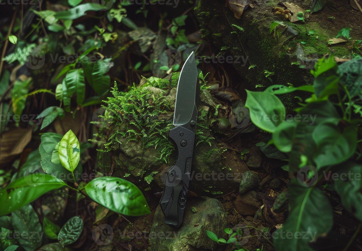 Tactical knife on a mossy rock in a dense forest photo