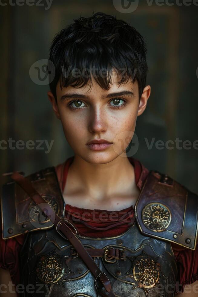 Young warrior in medieval armor posing with a determined expression photo
