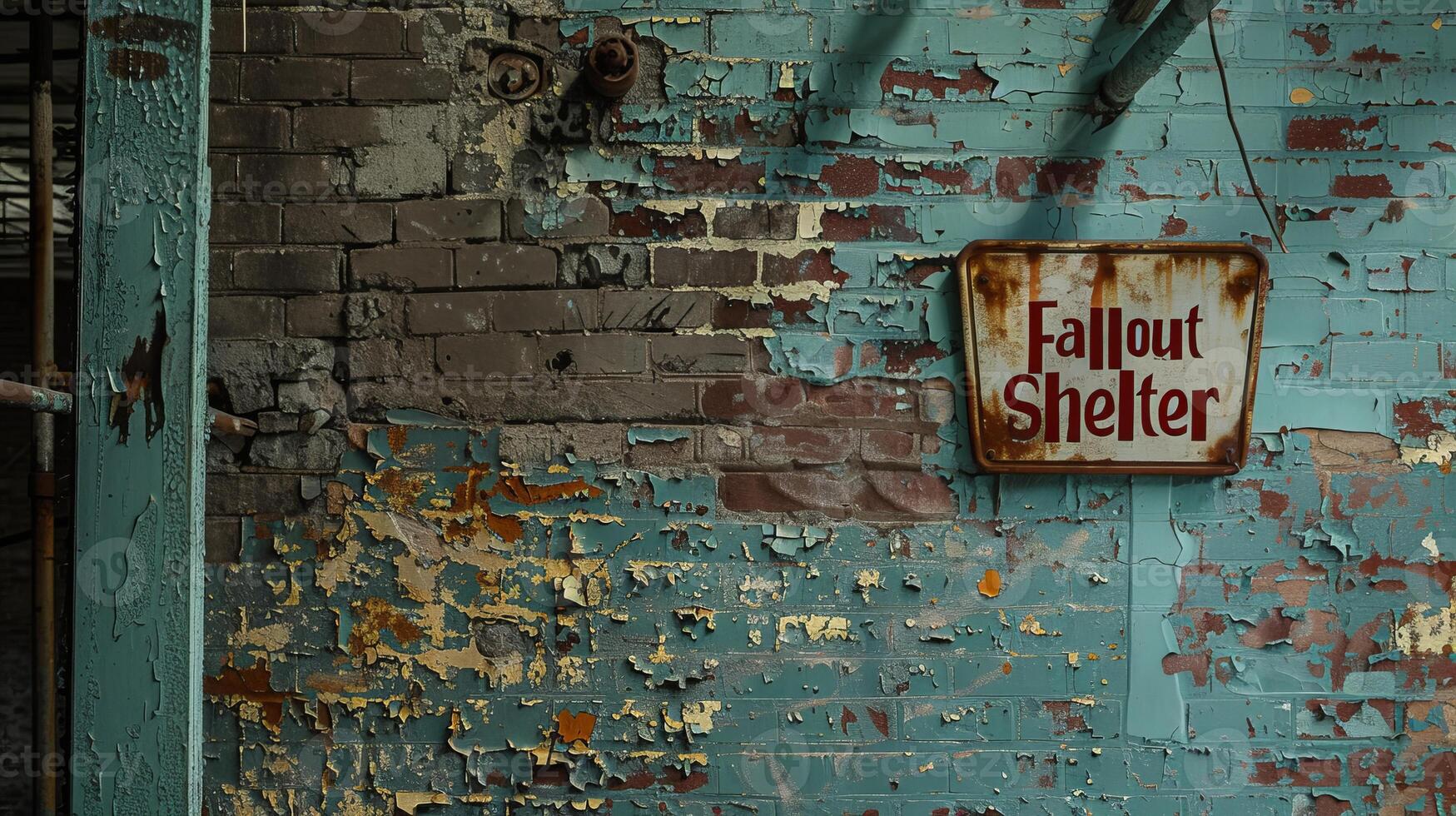 Aged Fallout Shelter Sign on a Weathered Wall photo