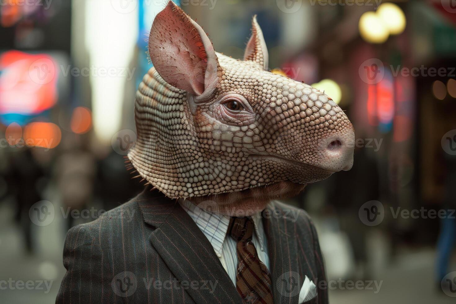Surreal portrait of a person with an armadillo head in an urban setting photo
