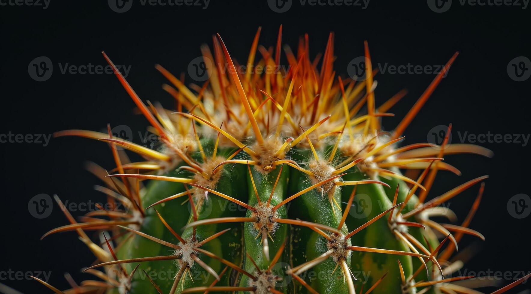 Close up of a vibrant cactus with sharp spines against a dark background photo