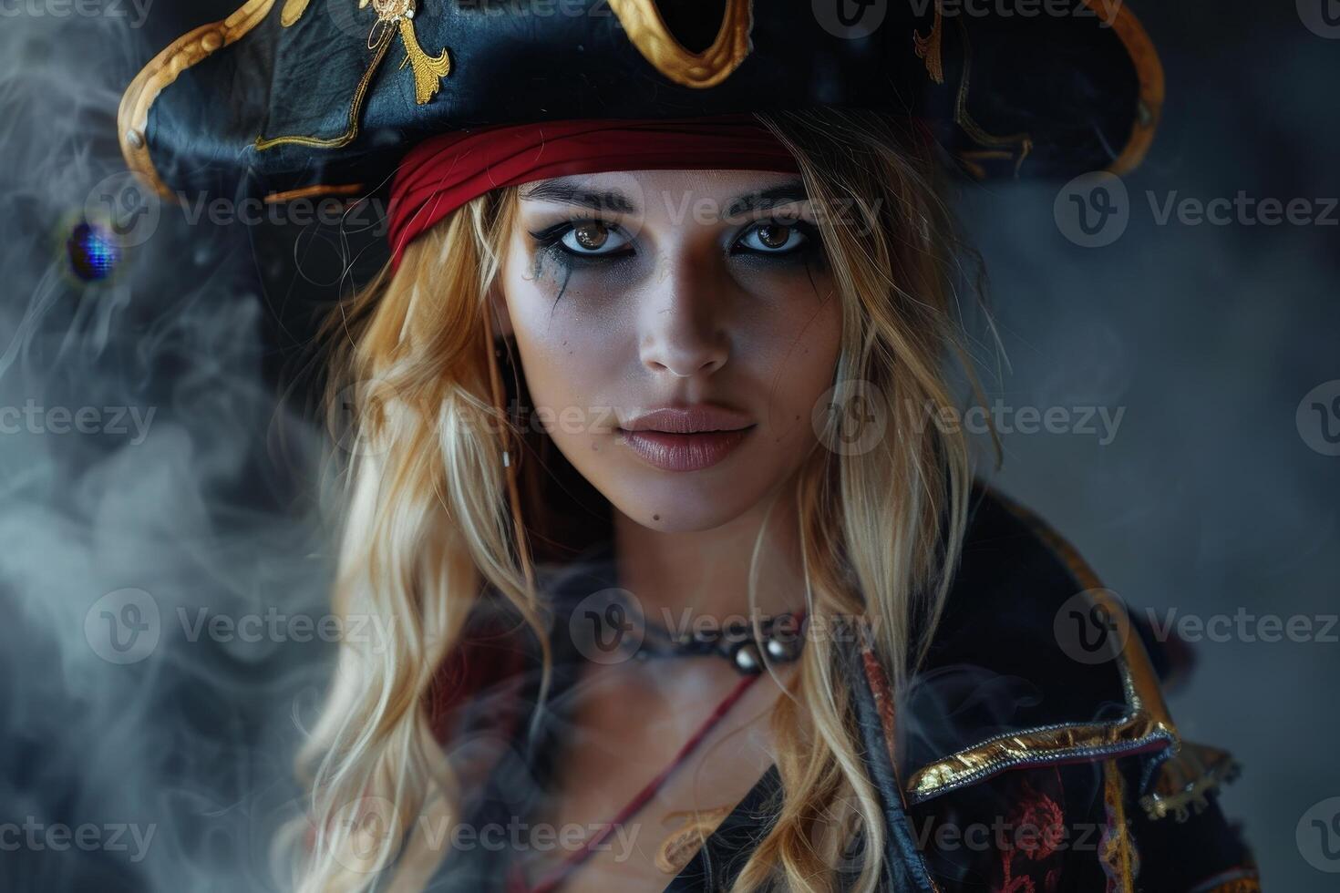 Mysterious pirate woman in a smokey backdrop photo