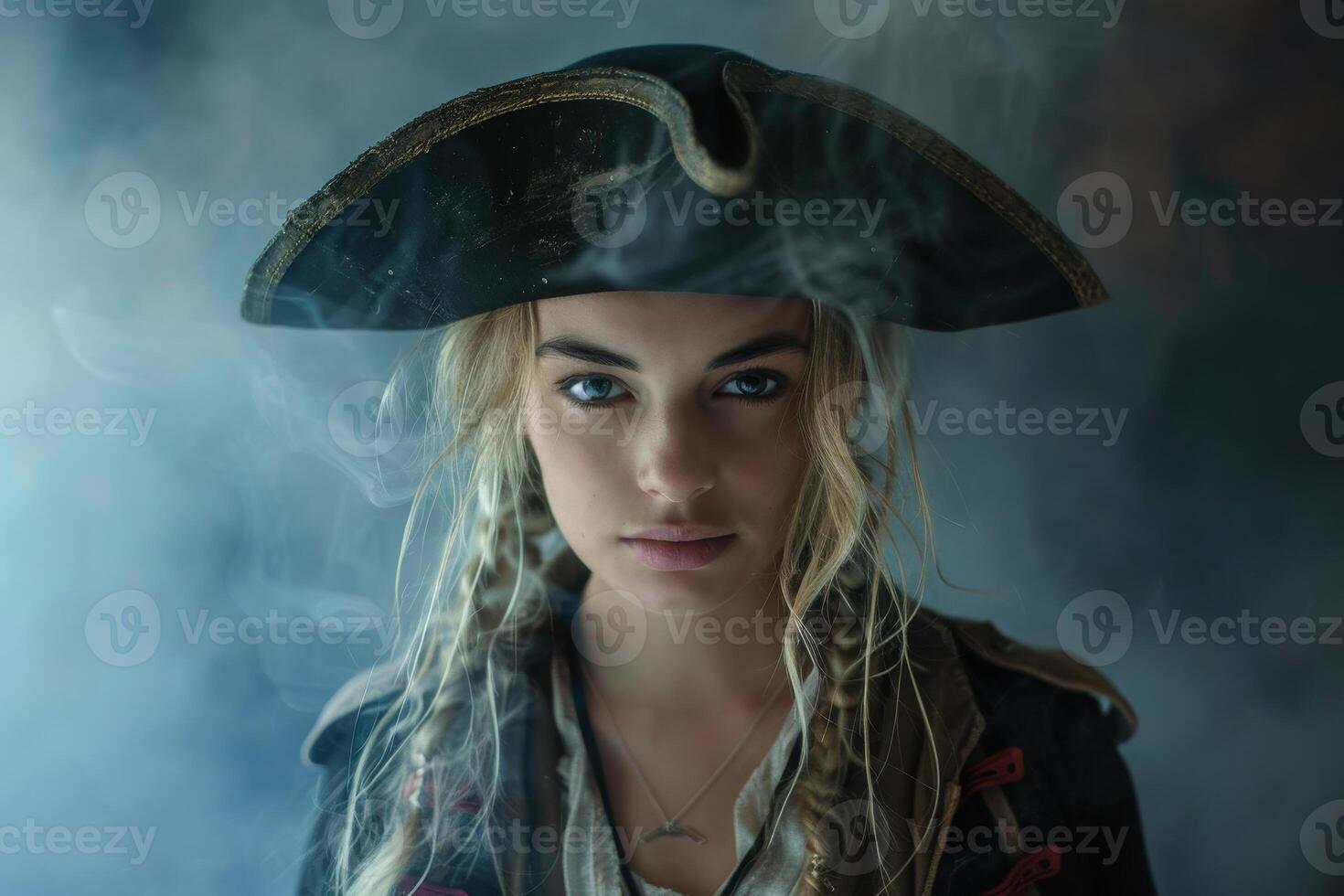 Mysterious pirate woman in smokey backdrop photo