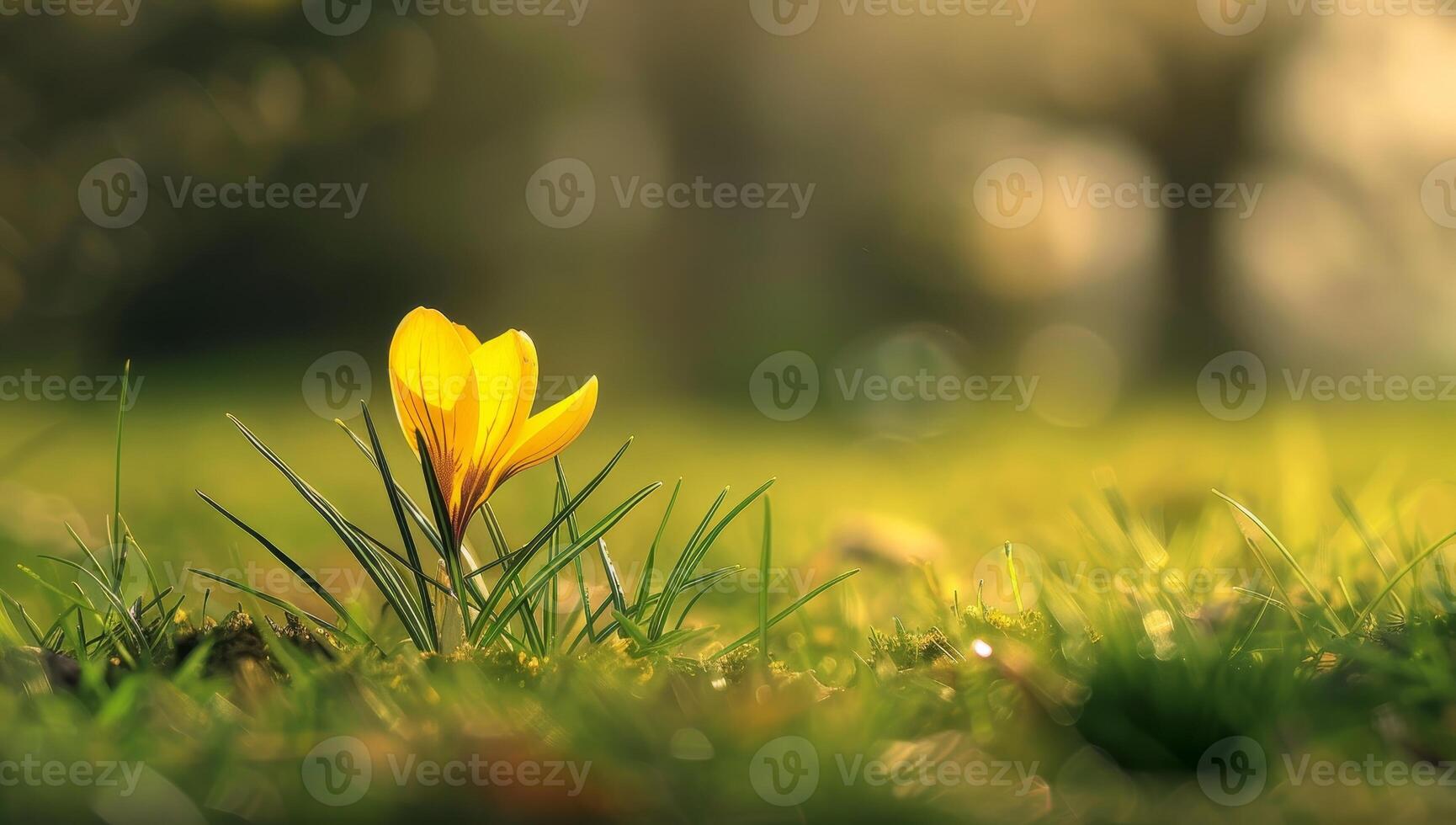 Single yellow crocus blooming in early spring sunlight photo