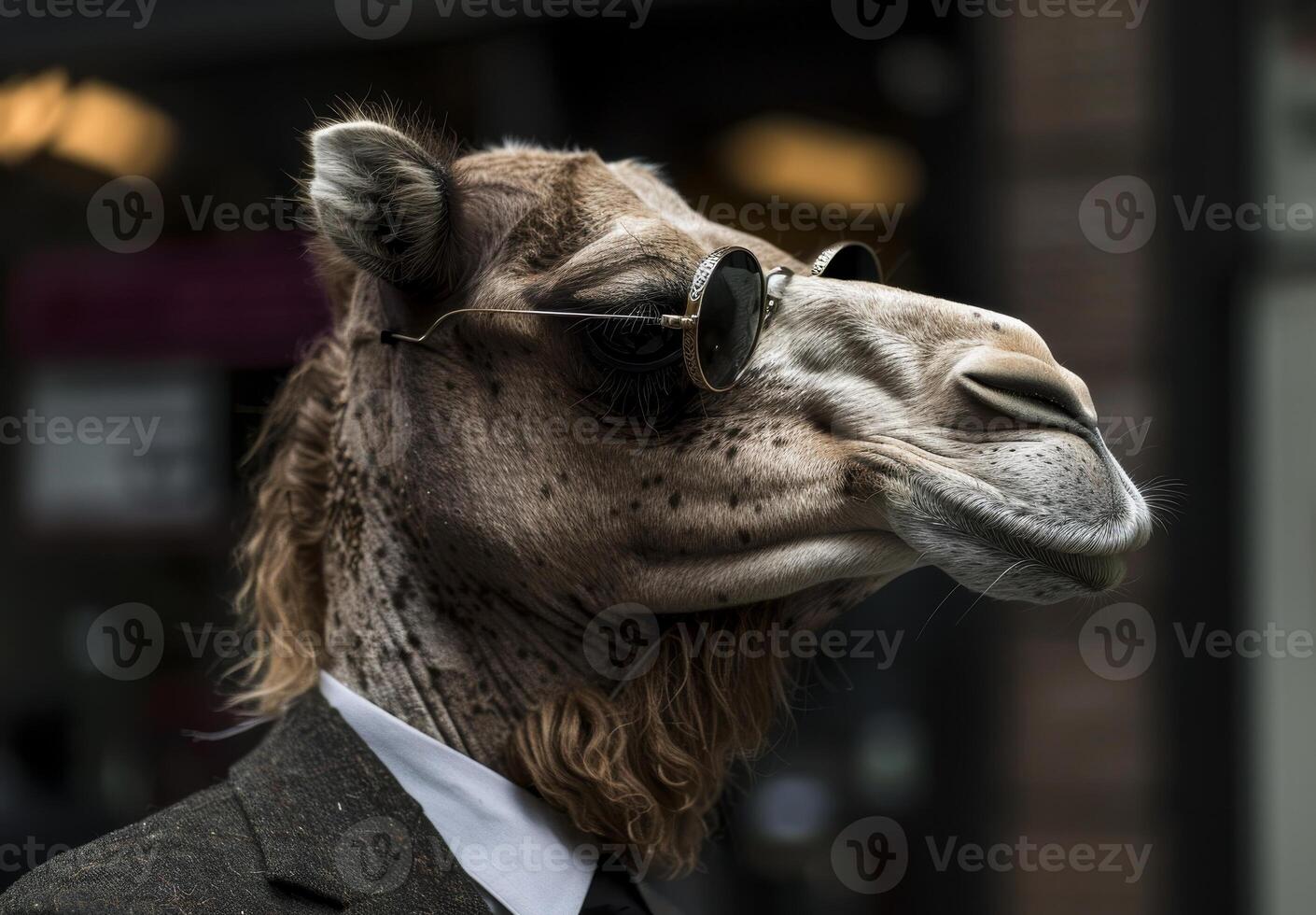 Stylish camel in sunglasses and suit posing in urban setting photo