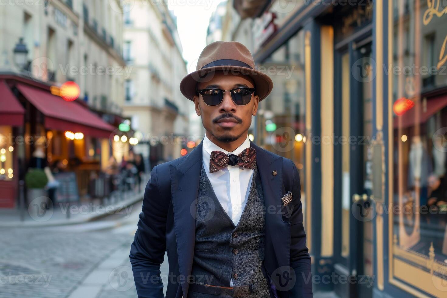 Stylish man in suit and hat standing on a city street photo